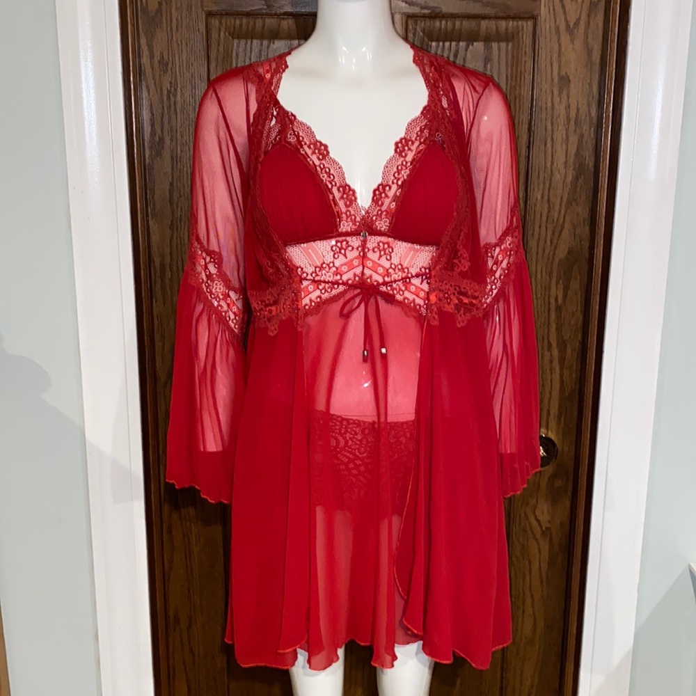 Recco Vintage Intimates Red Sheer Lace Stunning Night Gown & Robe Set